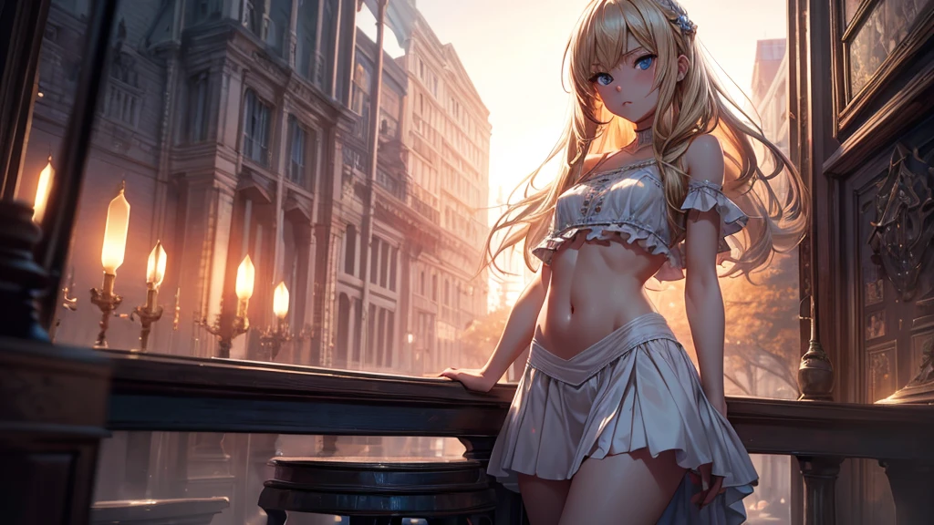 (ultra-detailed, realistic), [professional:1.1], [physically-based rendering], [sharp focus], [extreme detail description], [best quality,4k,8k,highres,masterpiece:1.2], girl, solo, long blonde hair, blue eyes, messy hair, unruly hair, short top, persistent,sunset, full-body shot, wide-angle, low angle, delicate face, coquette with a serious face, adventure girl, 32k uhd, multilayer, (Depth of field, cinematic angle, cinematic lighting:1.2), (masterpiece:1.2), (best quality:1.2), (very aesthetic:1.2), (absurdres:1.2)(detailed background), belly button visible, very short skirt, slender legs,  flat chested girl, very small chest, white lace top, short white skirt