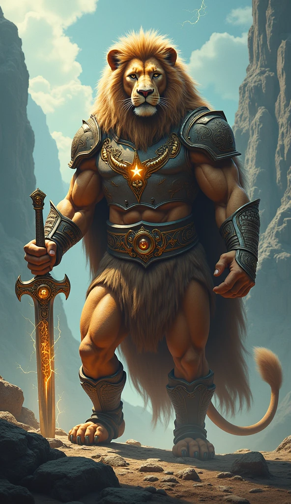 hercules,handsome, muscular, tall, has blue eyes and light curly hair, He wears the skin of a lion as his armor, full body, 