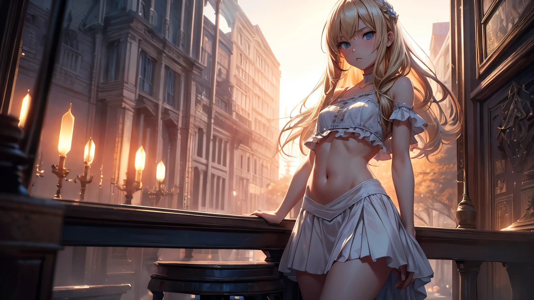 (ultra-detailed, realistic), [professional:1.1], [physically-based rendering], [sharp focus], [extreme detail description], [best quality,4k,8k,highres,masterpiece:1.2], girl, solo, long blonde hair, blue eyes, messy hair, unruly hair, short top, persistent,sunset, full-body shot, wide-angle, low angle, delicate face, coquette with a serious face, adventure girl, 32k uhd, multilayer, (Depth of field, cinematic angle, cinematic lighting:1.2), (masterpiece:1.2), (best quality:1.2), (very aesthetic:1.2), (absurdres:1.2)(detailed background), belly button visible, very short skirt, slender legs,  flat chested girl, very small chest, white lace top, short white skirt