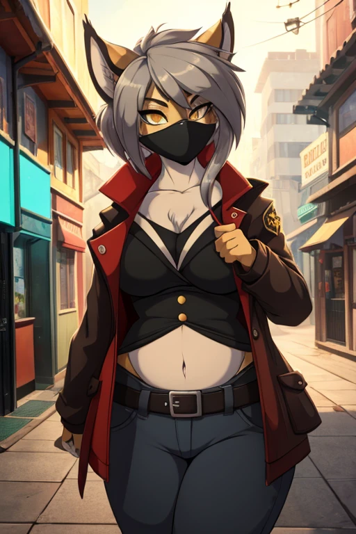 anthro furry lynx, chubby,((anarchist)), absurdity,  High definition,  ultra-detailed , 1 girl,oversized jacket with ,whole body, original character,girl,gray hair,yellow eyes,shoulder length hair, complex black mask, { best quality }}, {{masterpiece}}, {{ ultra-detailed }}, { illustration}, {Detailed light}, Nuclear fusion