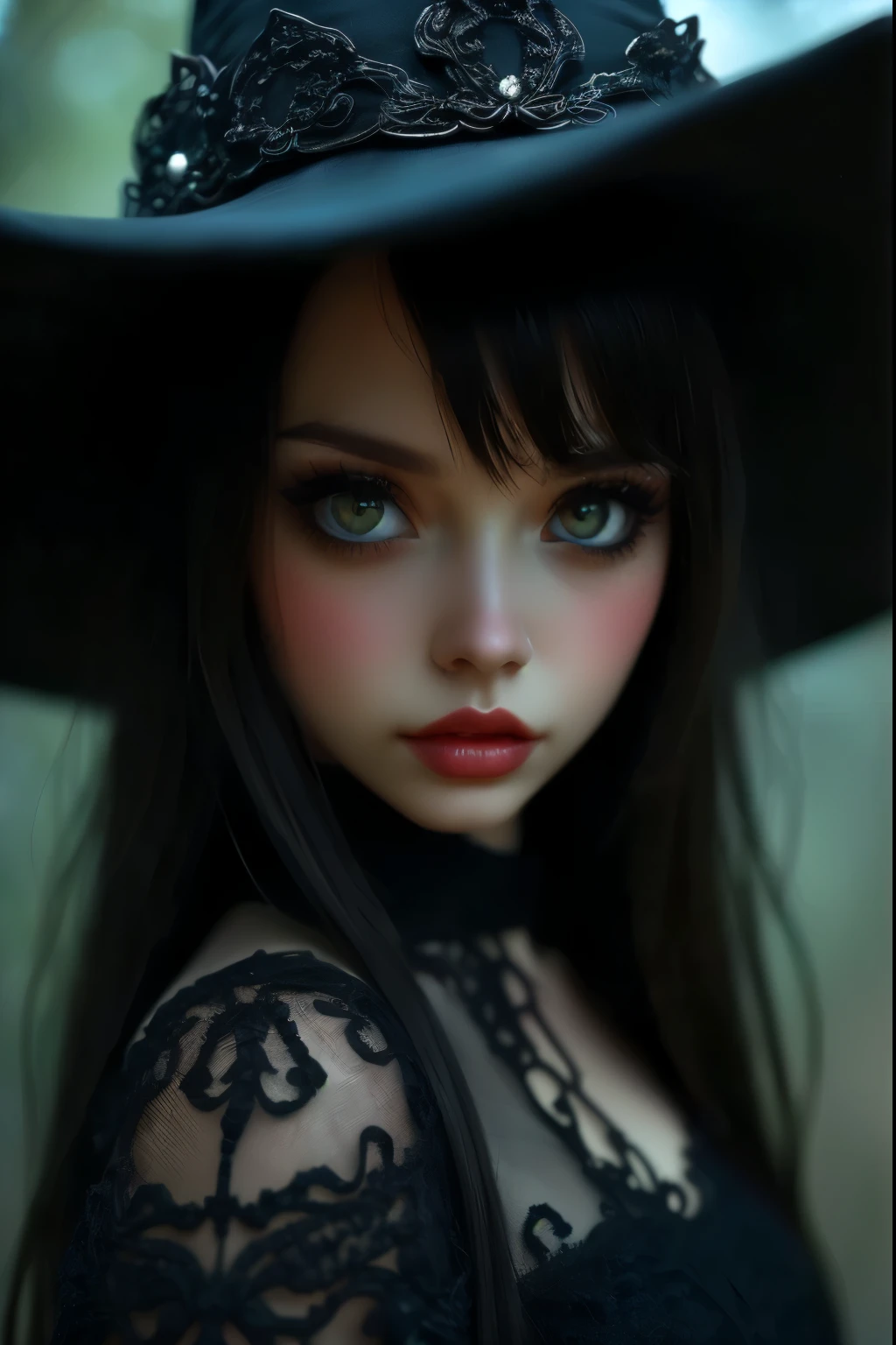 beautiful detailed eyes, beautiful detailed lips, extremely detailed eyes and face, long eyelashes, detailed sexy halloween costume, a young witch, dark gothic fantasy, moody dramatic lighting, dark and mysterious atmosphere, intricate details, digital art, highly detailed, 8k, photorealistic, masterpiece, vibrant colors, dramatic lighting
