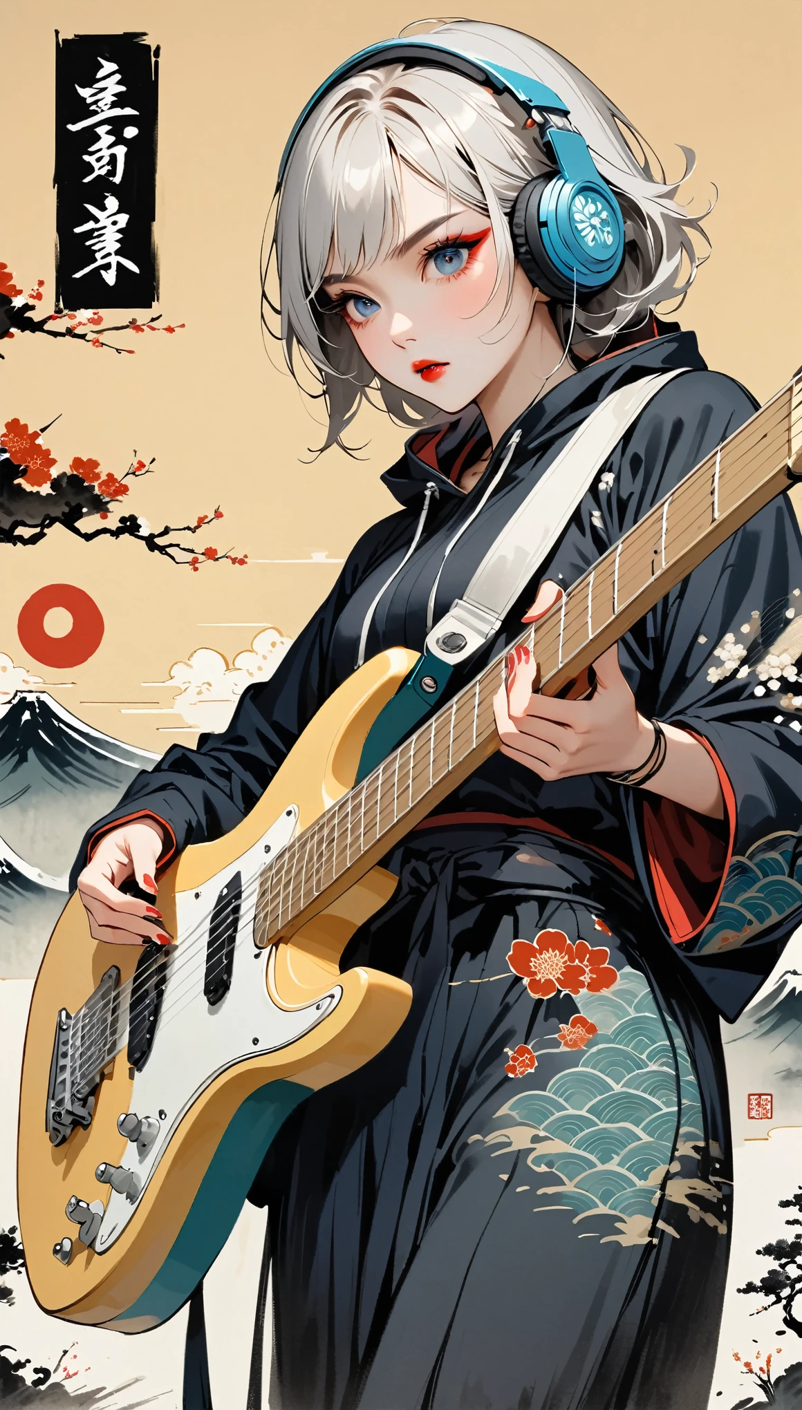 (((Ink Painting))), (((Standing posture))),(((Beautiful fingertips)))(((Delicate Minions)))(((Delicate feet)))(((From below))), ((( flashy makeup ))), (((Japanese style headphones))), (((Japanese pattern hoodie))), (((Wearing a hood))), (((  playing an electric guitar))), One person,Japan人の美少女, Silver Hair , Delicate and precise,  Modern Ukiyo-e Style,Japan, Japanese flag, Vibrant colors