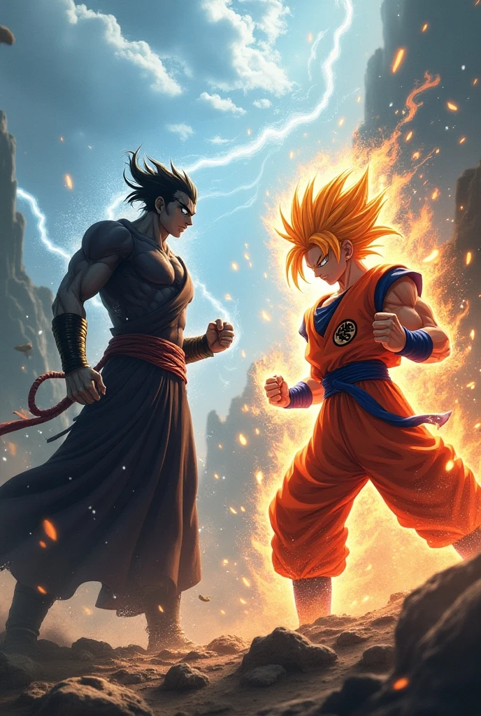 Ken Masters in Super Saiyan mode, with a golden aura and glowing eyes, unleashing a powerful fire attack. Ken is facing Sagat in Dark King mode, with a glowing eye patch, dark skin, and mystical markings on his body, radiating evil energy. They are battling in a desolate battlefield under an intense lightning storm, with constant lightning illuminating the scene, strong winds, and a nearly black sky. The atmosphere is intensely dramatic, filled with chaos and tension. The style is highly detailed realism, with textures and precise details that make the image look almost like a photograph.