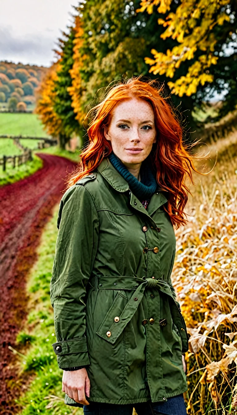 A woman (red hair) In the countryside with autumnal weather 