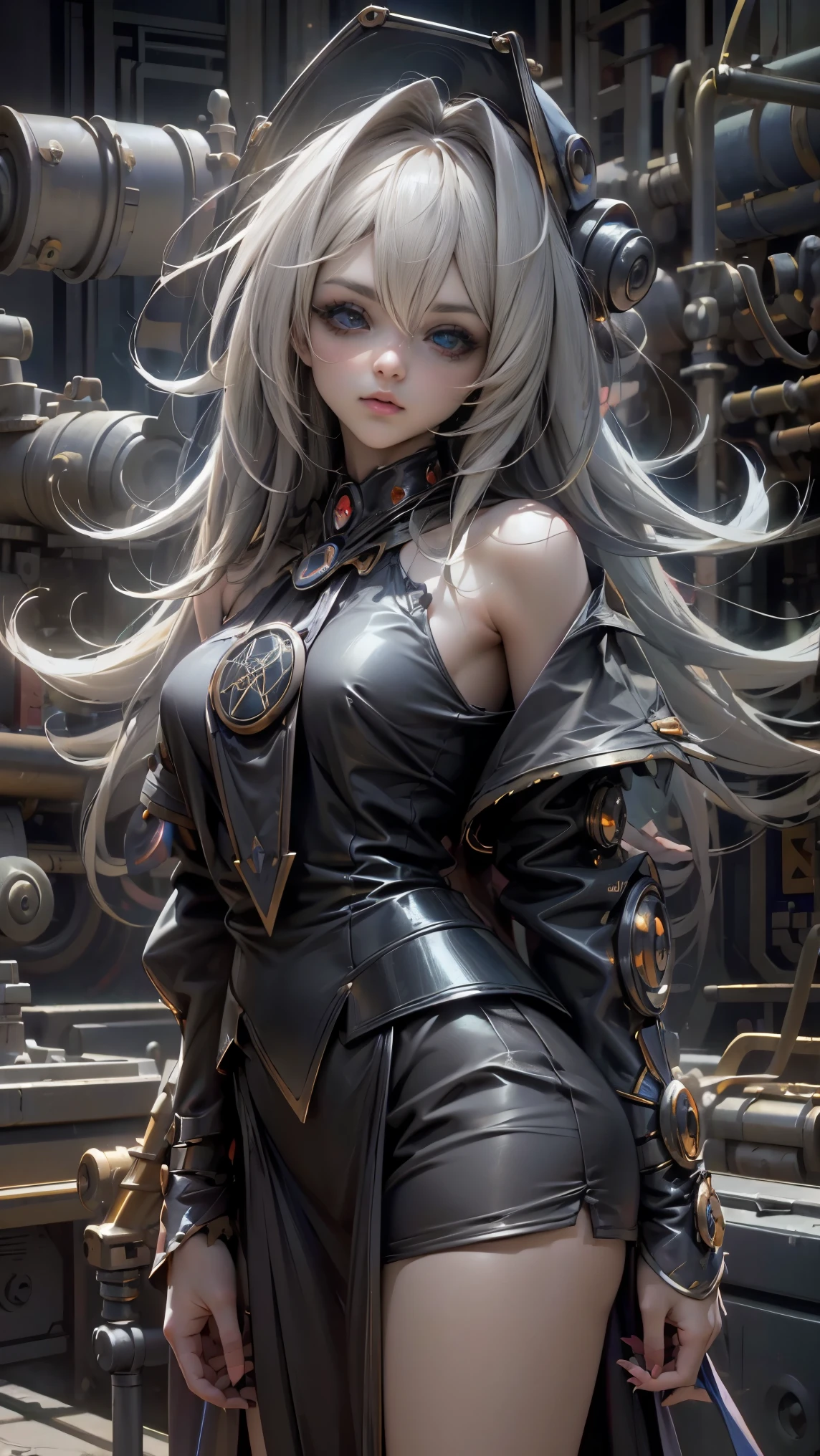masterpiece , The best quality ,
1niña Dark Magician Gils, only, long hair, blonde hair, photorealistic,
(Beautifully detailed eyes: 1.2),open clothes, bright eyes, Shiny hair, shiny skin,((1 realistic robot)), Metal construction, wires and cables, (bright eyes), (mechenical arms), Science-Fiction,(big wick arm),Cowboy shot, Power tank,