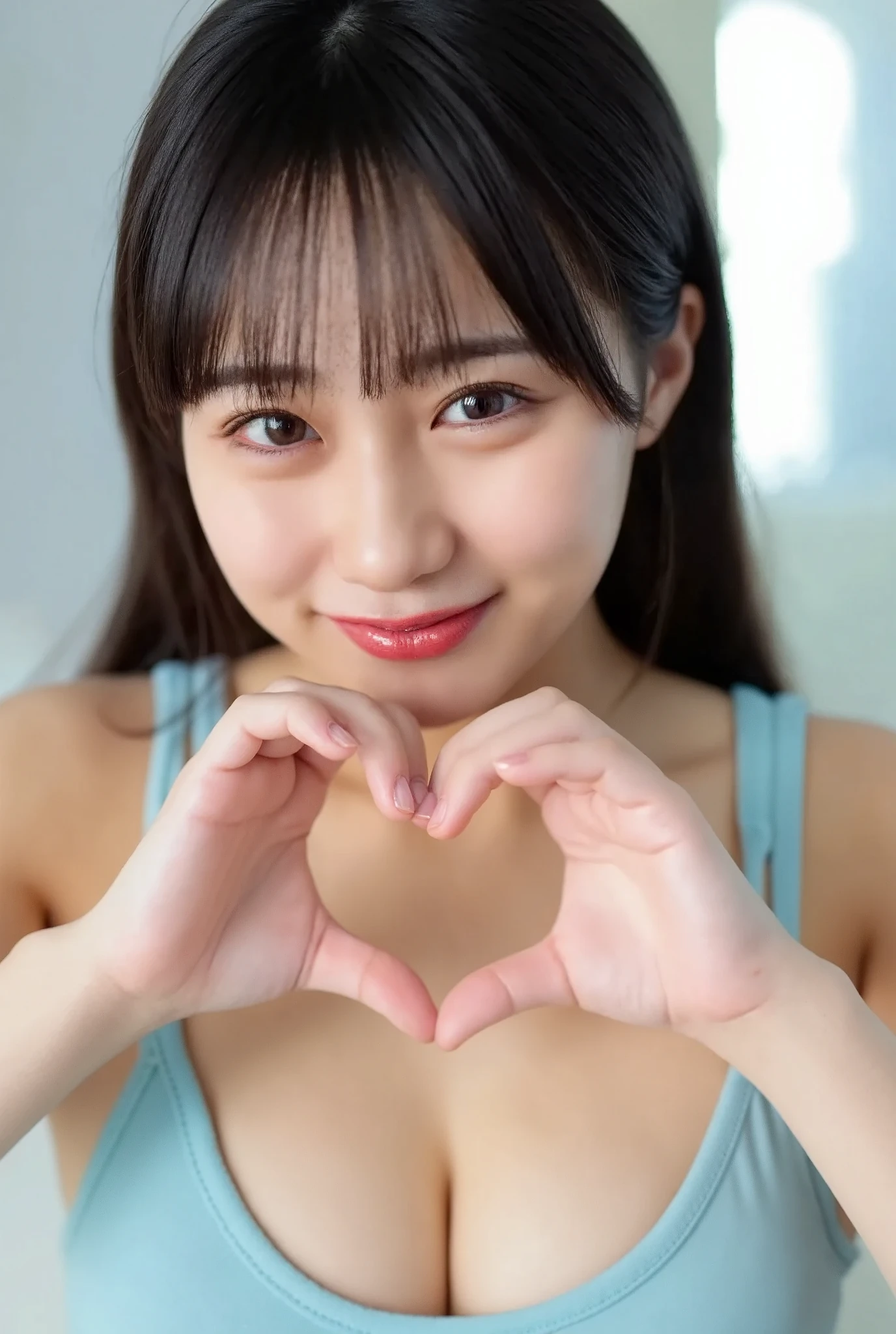  High image quality , 32K,   very accurate and accurate anatomy  , masterpiece, Realistic,  very detailed, photograph,  High Resolution , ((Heart shaped hands:2.78, Cute hairstyle)), Smoother light, Official Art,  depth of boundary described , Bright light, Detailed face, ((smile:1.0)), Beautiful details in the eyes,  Real Textured Skin  ,  camisole