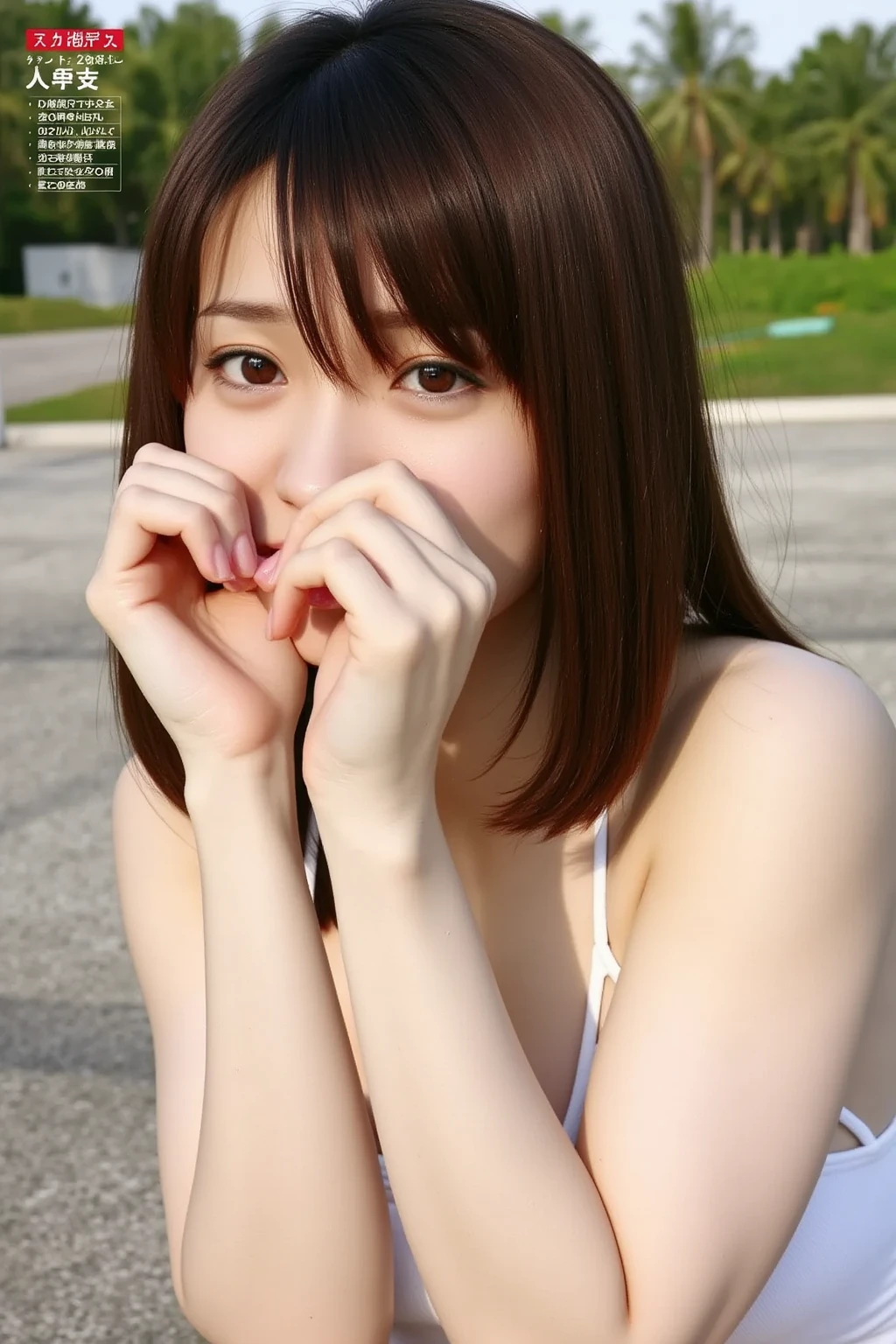 (((Make a heart shape with your hands:2.3, smile:2.0)))、 (RAW Photos、8k、32K、masterpiece、Realistic、  photoreal:1.37)、Cute Japanese women images、Tank tops、Photographed in natural light、  upper body、 1 girl、Photo Mapping、 Physically Based Rendering、Excellent image quality、  High Resolution  、1080P、(Beautiful Face)、(Detailed description of the face)、( Detailed description of the hand setter&#39;Muscle area)、(Detailed CG)、Rich details、( great features :1.35)、(Detailed eyes)、 I'm looking forward to your eyes、Delicate clavicle、Various poses、非常にリアルで詳細な若い女性の  upper bodyポートレート。The skin is beautiful、Soft light is reflected in the high part of the cheek.、 Tiny pores and hair follicles、 Even the tiniest blood vessels are visible。The skin is smooth、Natural flushing of the cheeks、Gives a healthy glow。 The eyes are large and clear blue、 The iris has fine patterning、 Light is reflecting and shining in the eye。 There is a slight shadow under the eye、 Her eyelashes are long and naturally curled。 Her lips are a soft pink color、 Smooth texture and natural glow、 Slightly reflects light。 The woman is wearing a simple white top.、 The background is a pale monochrome gradient.、焦点は完全に顔と  upper bodyに当たっている。Realistic shadows and textures、Photographic depiction.。