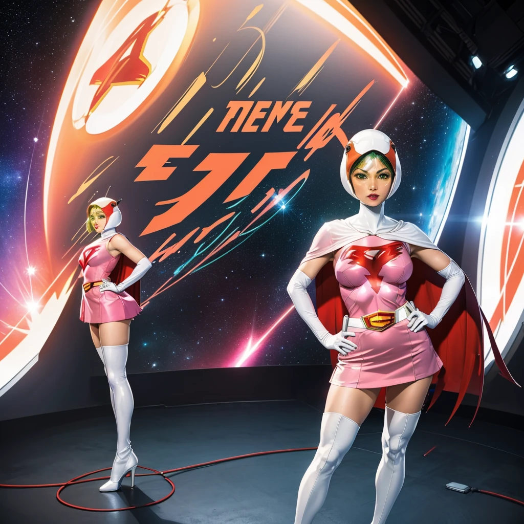 ANI_CLASSIC_jun_gatchaman_ownwaifu,1girl, 15yo,good anatomy, masterpiece, best quality,realistic, hyper realistic, 16k hdr, long hair,breasts,lips,large breasts,lipstick,makeup,gloves,cape,helmet,belt,elbow gloves,white gloves,mask,ultra miniskirt,leotard,spacesuit,white tight overknee highheels boots,pink dress,superhero,bodysuit,cleavage,erected nipples,(stand pose,hands on hip),(spread legs:1.1),cameltoe