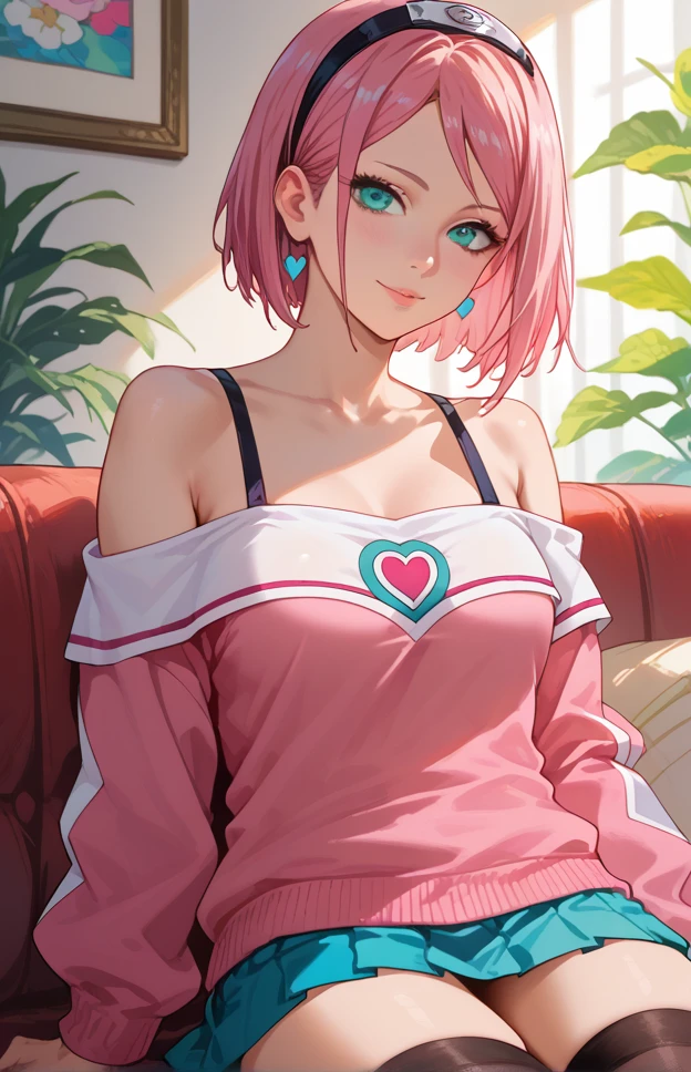 score_9, score_8_up, score_7_up, 1girl, 4k, sakura haruno, anime style, vibrant colors, masterpiece, pink hair, sitting on a couch in a living, teal off shoulder blouse, short skirt, black stockings, sexy pose, close up,