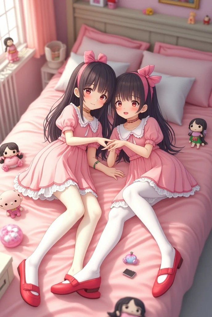 black hair, female, twin drills, solo, smol, pink eyes, massive breasts, very long hair, sexy pose, wear red night dress, room, night time, masterpiece, ultra high quality