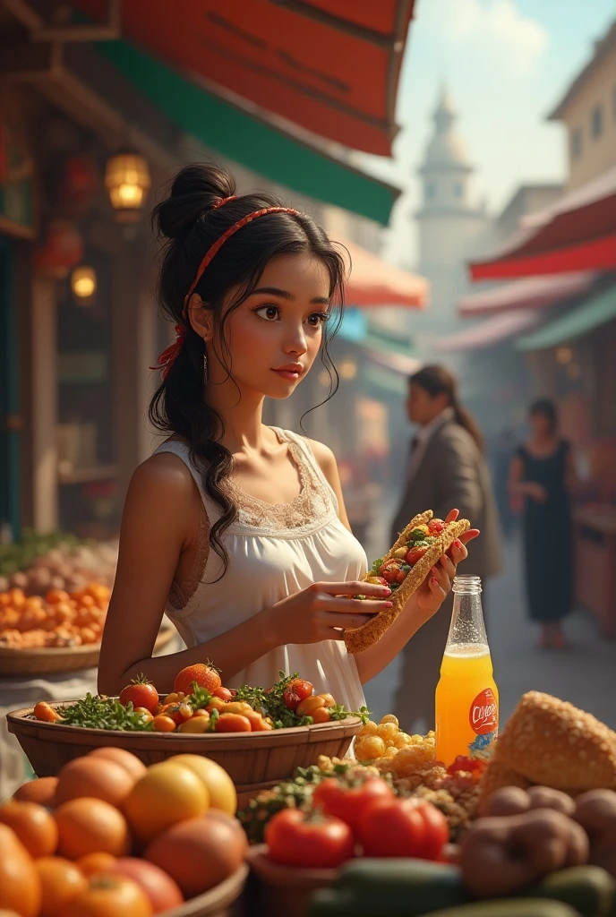 a woman holding a sausage in a flower-print dress in a slum setting in a Pixar film, coxas grossas