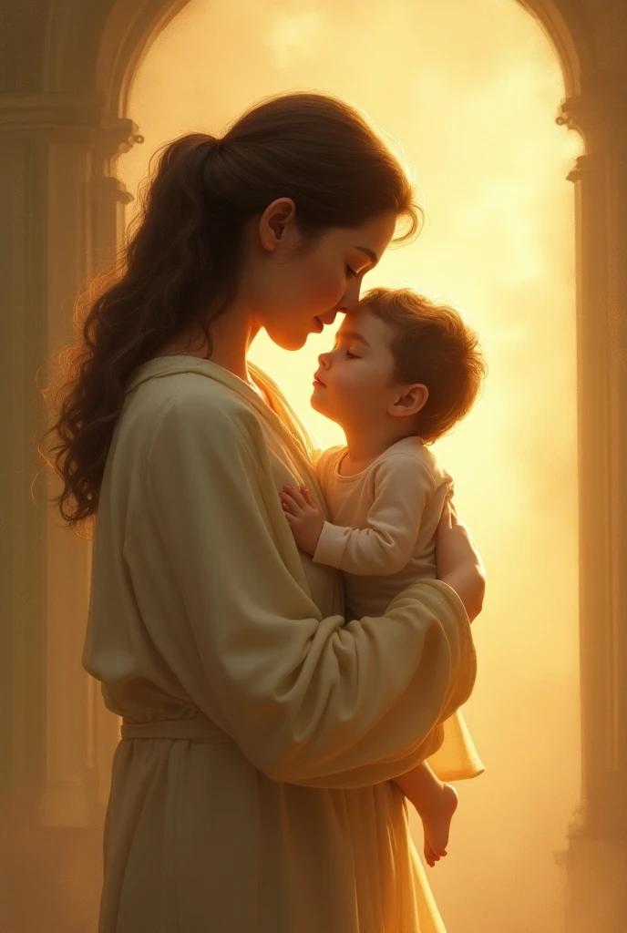 Drawing of a Filipina mother and male child in church