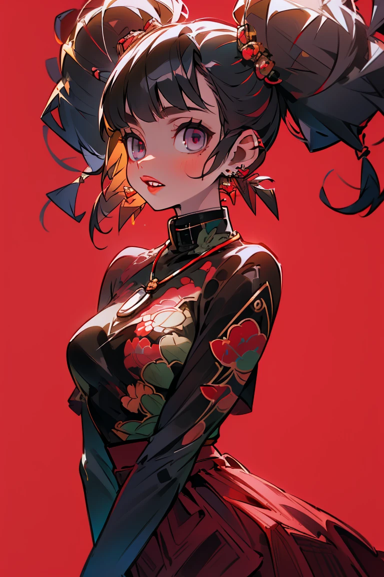 small girl, black hair in two buns, Brown eyes, Chinese dress, tea, symbiote, Smile, Masterpiece, hiquality