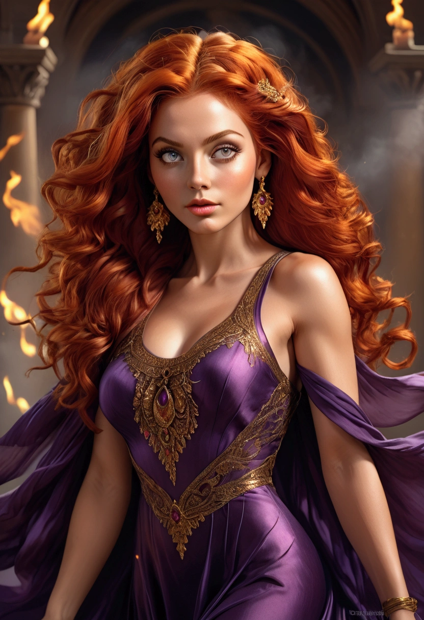 a goddess-like woman with fiery hair, purple dress, full body, ultra-detailed, 8k, masterpiece, photorealistic, hyper-realistic, dramatic lighting, detailed facial features, beautiful eyes, full lips, flowing hair, elegant pose, fantasy, digital painting