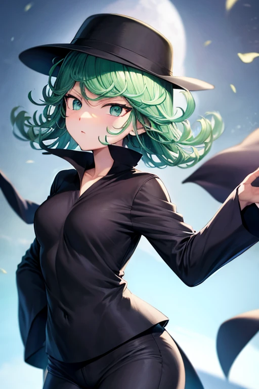 (Obra maestra, Mejor calidad:1.2), tiro de vaquero, solo, 1 chica, tatsumaki, sonrisa lujuriosa, boca cerrada, mirando al espectador, es, Caderas anchas, vestido negro, cielo nocturno, nubes, erotica