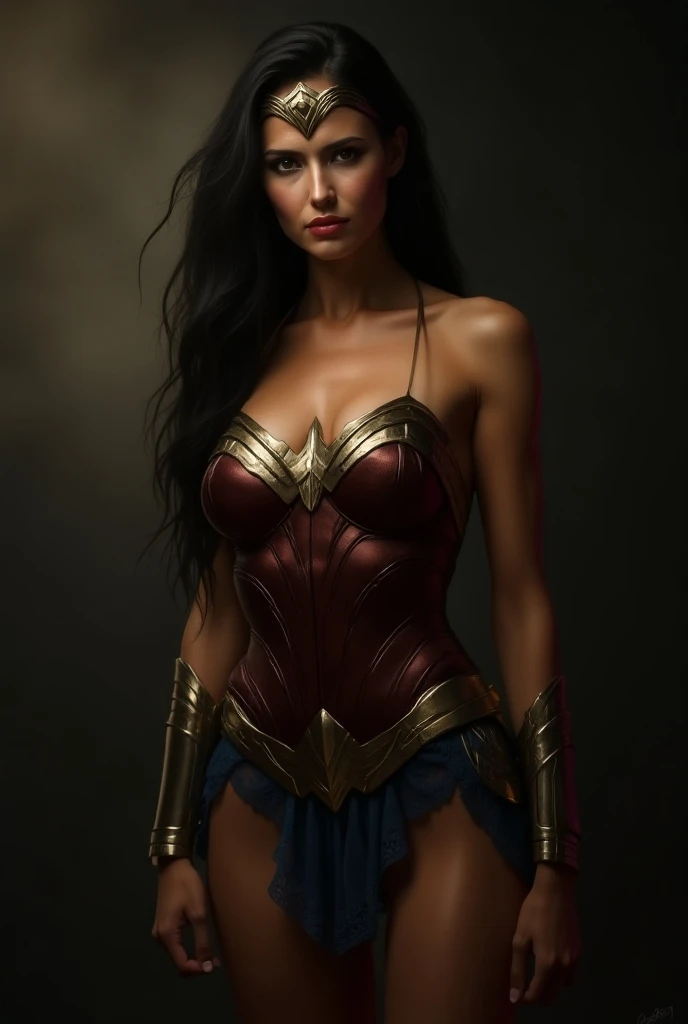 A beautiful woman with long black hair under the mantle of the Amazon warrior Wonder Woman in a black leather suit that covers her entire body with tiny scales all over the suit Red Wonder Woman corset with a silver-colored metal diaema with a red star in the middle of the diaema Silver-colored metal bracelets Black boots fitted to the suit (((without cape)))