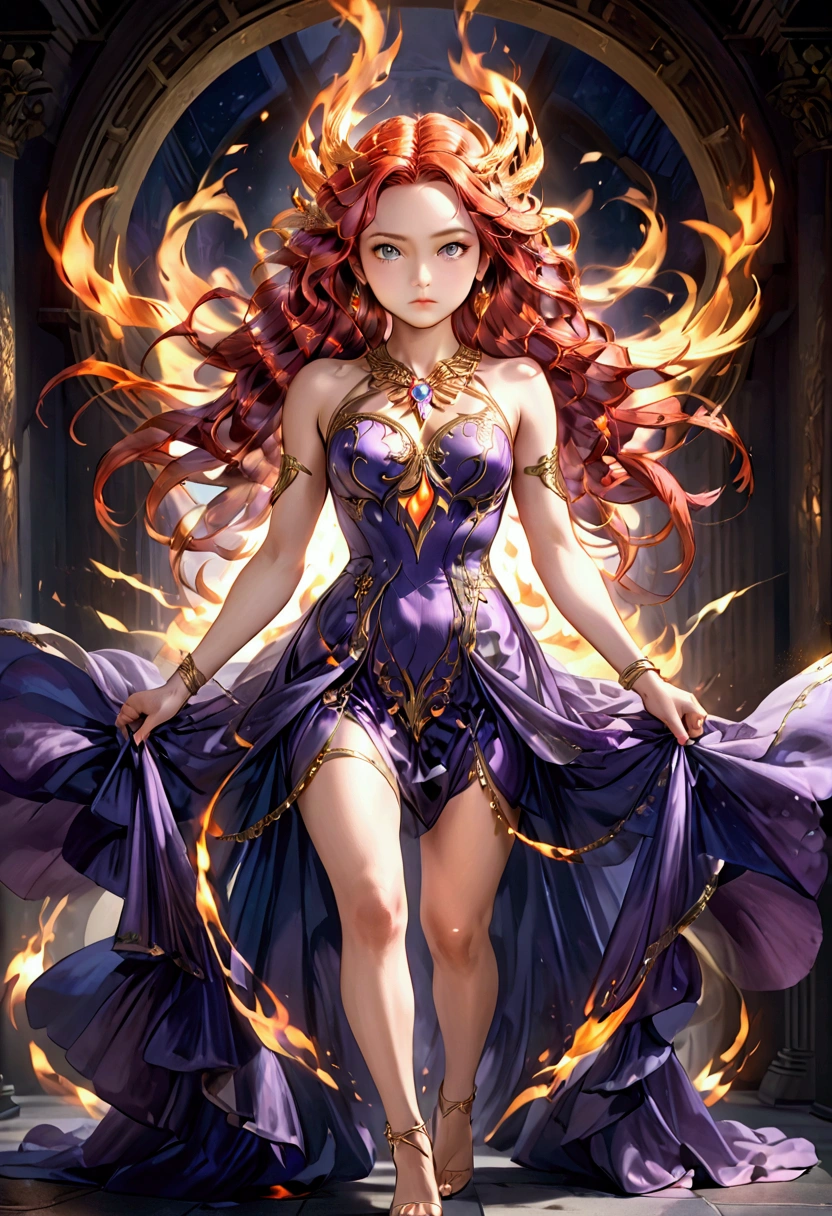 a goddess-like woman with fiery hair, purple dress, full body, ultra-detailed, 8k, masterpiece, photorealistic, hyper-realistic, dramatic lighting, detailed facial features, beautiful eyes, full lips, flowing hair, elegant pose, fantasy, digital painting