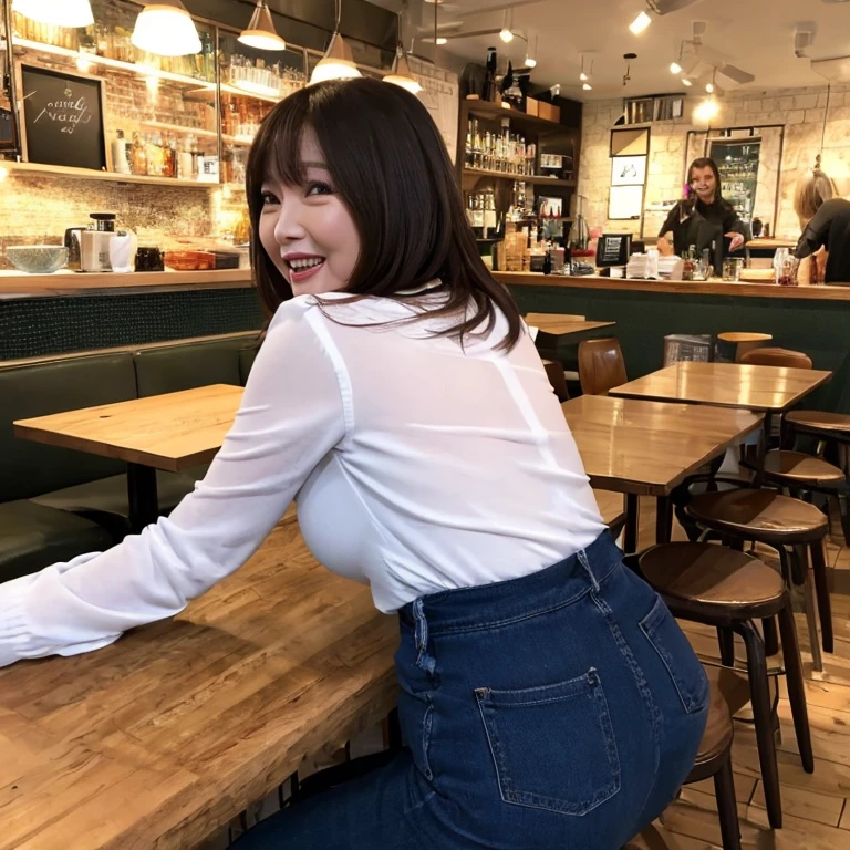 8k wallpaper, masterpiece, Best Quality,  very detailed,  mature women, 50 years old, Become very clear, Wearing a short-sleeved knit, Skin dents, Charming smile, Looking at the audience, No lapel mic, fluffy, Curvaceous, Attractive face,   showing your teeth and laughing  , I was happy, sitting in a cafe, Background Blur　Rear view　Butt