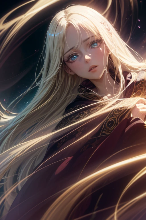 elegant sorceress, long blonde straight hair, colorful robes, anime, 1girl, beautiful detailed eyes, beautiful detailed lips, extremely detailed face and intricate details, delicate facial features, flowing magical robe, dramatic lighting, fantasy landscape background, cinematic lighting, vibrant colors, dramatic shadows, ethereal, highly detailed, 8k, masterpiece