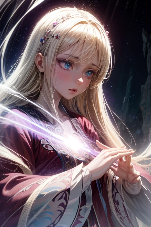 elegant sorceress, long blonde straight hair, colorful robes, anime, 1girl, beautiful detailed eyes, beautiful detailed lips, extremely detailed face and intricate details, delicate facial features, flowing magical robe, dramatic lighting, fantasy landscape background, cinematic lighting, vibrant colors, dramatic shadows, ethereal, highly detailed, 8k, masterpiece