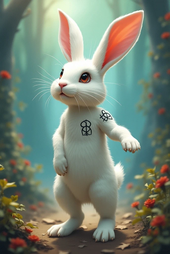 ( beautiful vibrant neon english text: "follow the white rabbit ":1.0) (a beautiful pink megaflower in a Gelatine forest, in the style of hyper-realistic sculptures, fluorescense yellow and electruc green:1.0),  ( small gnome he has uploaded in a white rabbit with a top hat:1.0), post-apocalyptic backdrops, light red and yellow, museum gallery dioramas, soft, dreamy scenes, orange and green, 8k, masterpiece ,