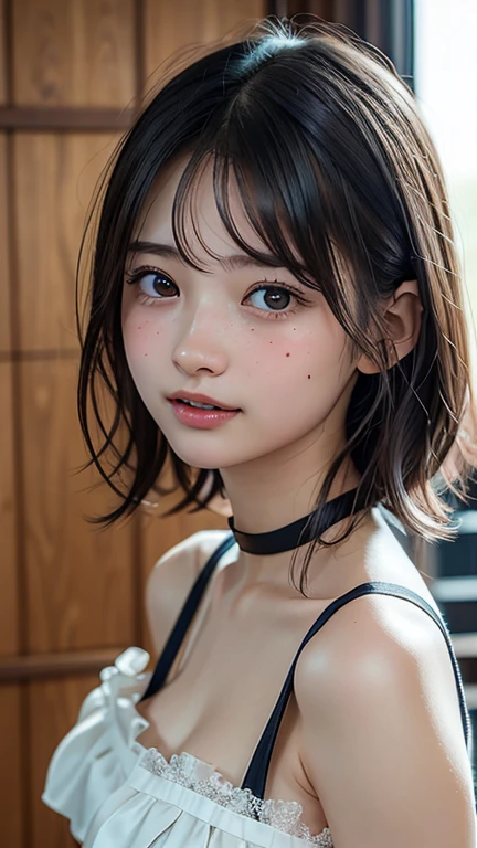 a woman in the dark shadow, ((northeast Asian market, dim alley, at night, no lighting)), customers, round face, (wearing only various patterned apron on naked), (crouching slightly and spread legs), ((showing off her pubic hair, straddling metallic dildo)), short hair, glasses,
