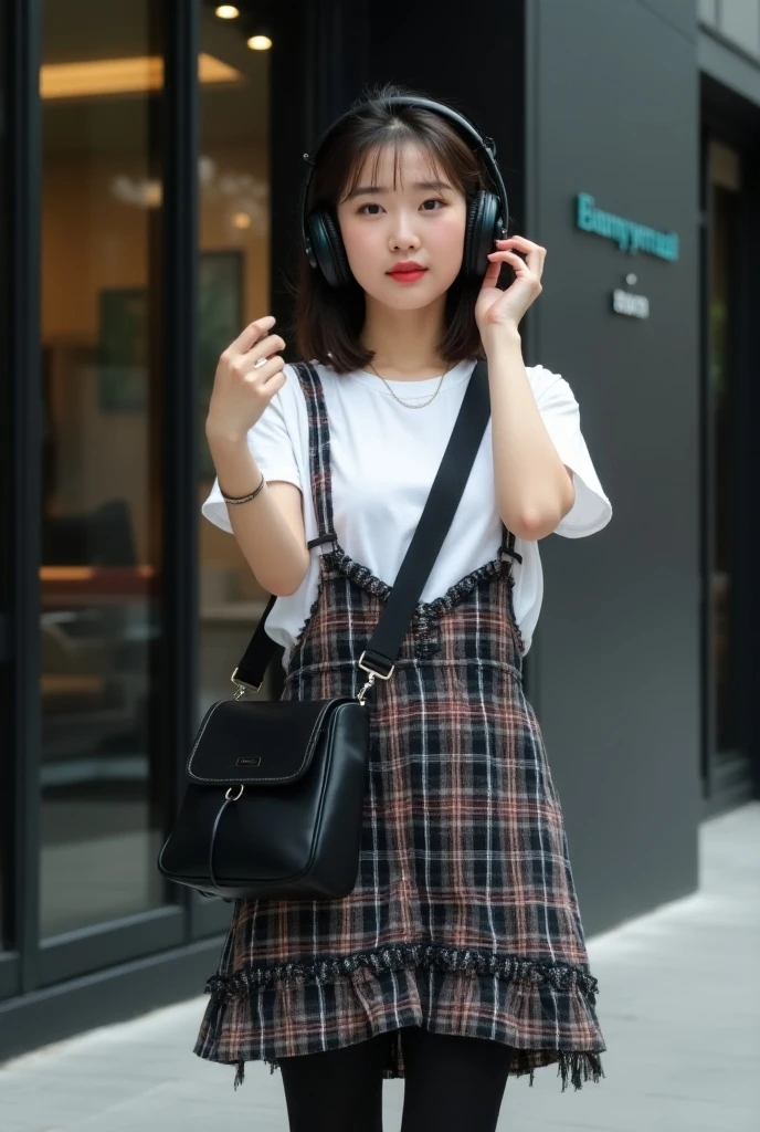 A teen girl with Indonesia face, approximately . The girl can be seen in the process of peeing. Standing. Wet patch. Incontinence (urination:1.5) (peeing in skirt) (face view to camera)