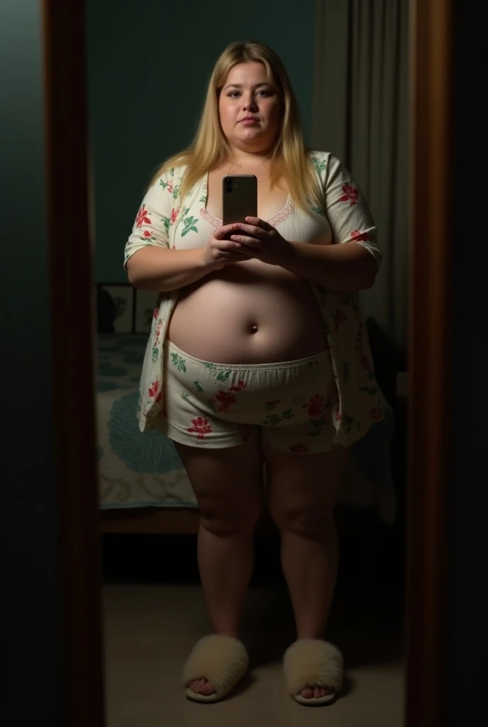 1 girl, ((morbidly obese body type)), Large size, round face, overweight, Shoulder length fluffy short curly hair ,( fully nude) ，navel，darkroom, walking , holding iPhone, Huge breasts exposed, huge ass, (Full body selfie)