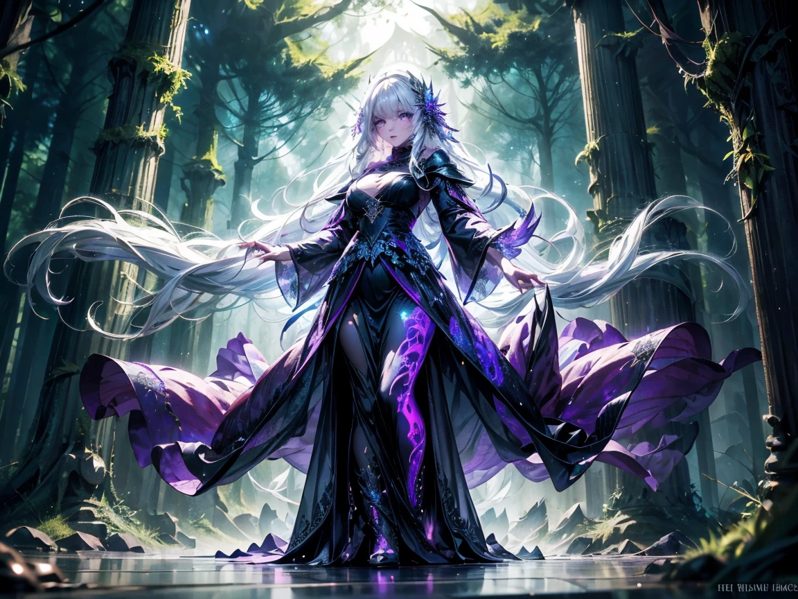 A mysterious witch with long white hair. a beautiful face and glowing eyes, wearing a torn, dark purple gown. She stands provocatively, one perfect hand extended, casting a spell in an enchanted forest. Glowing orbs of light surround her as fog rolls over the forest floor, beautiful female face, perfect hands, perfect anatomy