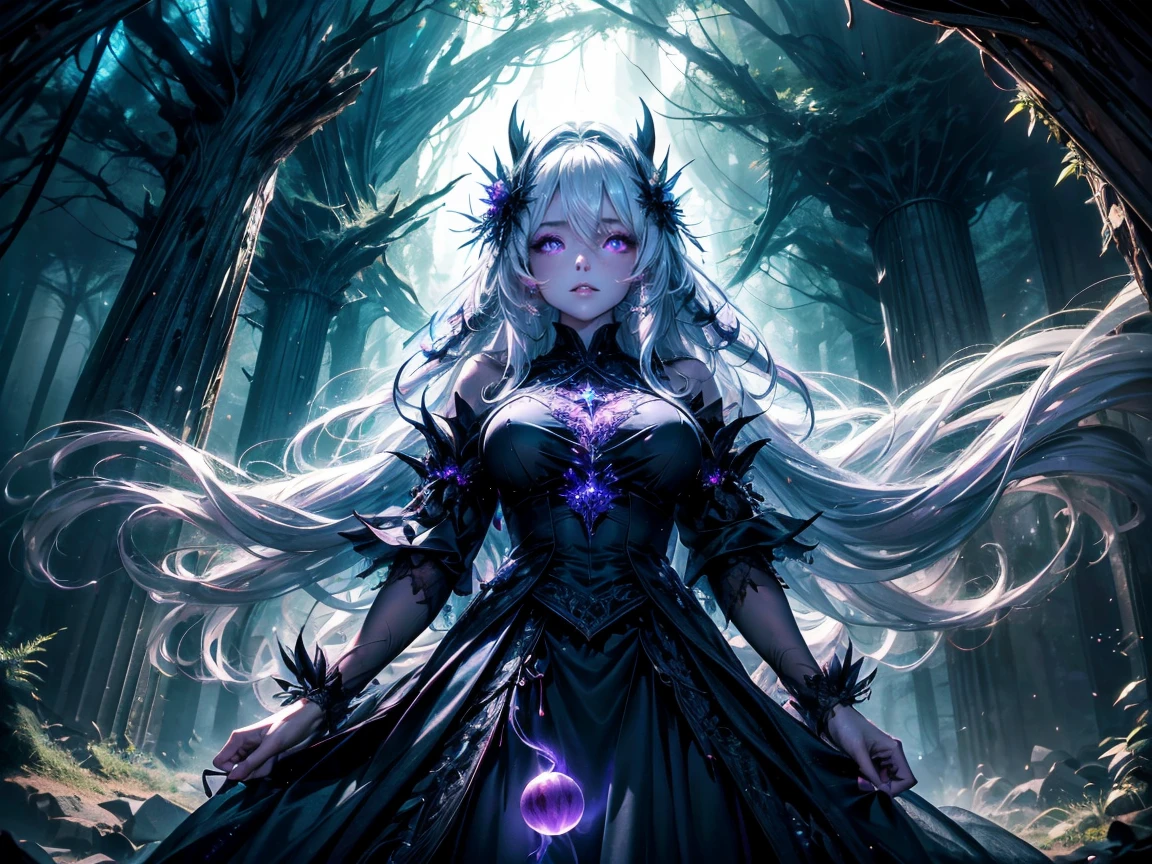 A mysterious witch with long white hair. a beautiful face and glowing eyes, wearing a torn, dark purple gown. She stands provocatively, one perfect hand extended, casting a spell in an enchanted forest. Glowing orbs of light surround her as fog rolls over the forest floor, beautiful female face, perfect hands, perfect anatomy