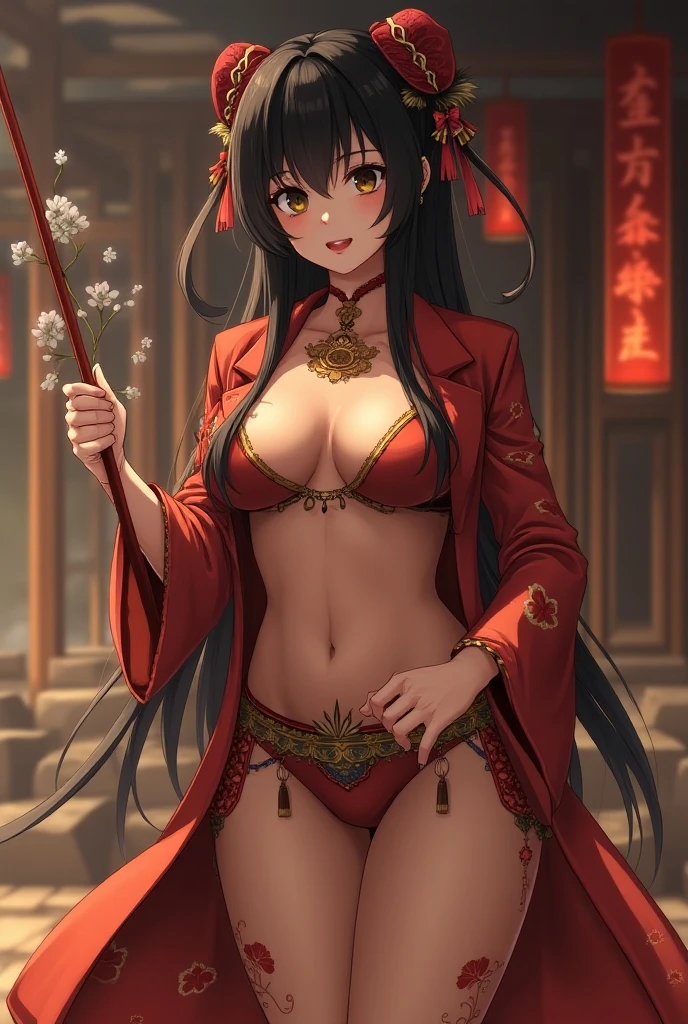 princess azula, evening, sunset, looking at viewer, cleavage, red satin robes, clothed bathing, girl floating above the water, palace, temple, fire, lava, red glowing, smug face (NSFW)