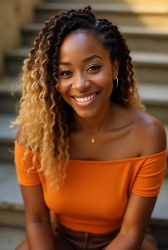 a high-resolution photograph of a young African-American woman with dark skin and long, curly brown hair styled in a single braid that falls over her right shoulder. She has striking green eyes and a gentle, inviting smile. The woman is seated outdoors on a lush, green lawn, bathed in sunlight that creates a warm, golden glow around her. She is wearing a loose, yellow ribbed sweater that is pulled down to expose her  , which are large and natural with pink . The sweater is unbuttoned, revealing her upper body. The background features a well-manicured garden with neatly trimmed hedges and a path leading away from the frame, indicating a private, serene setting. The sunlight filters through the trees, casting dappled shadows and creating a serene atmosphere. The overall composition of the image is intimate and candid, emphasizing the natural beauty of the subject and the tranquil outdoor environment.