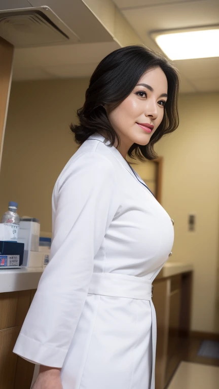 Indonesian woman,((40 years old)), doctor, beautiful face, white skin, gem necklace, watch, doctor suit, stethoscope, big hips, soft smile, sweet face, hospital