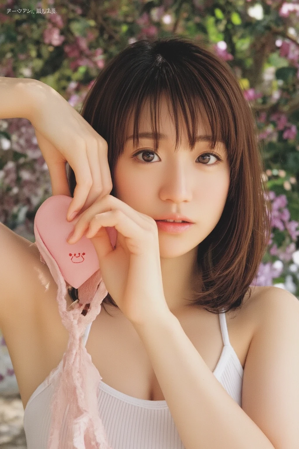 (((Make a heart shape with both hands and smile:5.0)))、 (RAW Photos、8k、32K、masterpiece、Realistic、  photoreal:1.37)、Cute Japanese women images、Tank tops、Photographed in natural light、  upper body、 1 girl、Photo Mapping、 Physically Based Rendering、Excellent image quality、  High Resolution  、1080P、(Beautiful Face)、(Detailed description of the face)、( Detailed description of the hand setter&#39;Muscle area)、(Detailed CG)、Rich details、( great features :1.35)、(Detailed eyes)、 I'm looking forward to your eyes、Delicate clavicle、Various poses、非常にリアルで詳細な若い女性の  upper bodyポートレート。The skin is beautiful、Soft light is reflected in the high part of the cheek.、 Tiny pores and hair follicles、 Even the tiniest blood vessels are visible。The skin is smooth、Natural flushing of the cheeks、Gives a healthy glow。 The eyes are large and clear blue、 The iris has fine patterning、 Light is reflecting and shining in the eye。 There is a slight shadow under the eye、 Her eyelashes are long and naturally curled。 Her lips are a soft pink color、 Smooth texture and natural glow、 Slightly reflects light。 The woman is wearing a simple white top.、 The background is a pale monochrome gradient.、焦点は完全に顔と  upper bodyに当たっている。Realistic shadows and textures、Photographic depiction.。