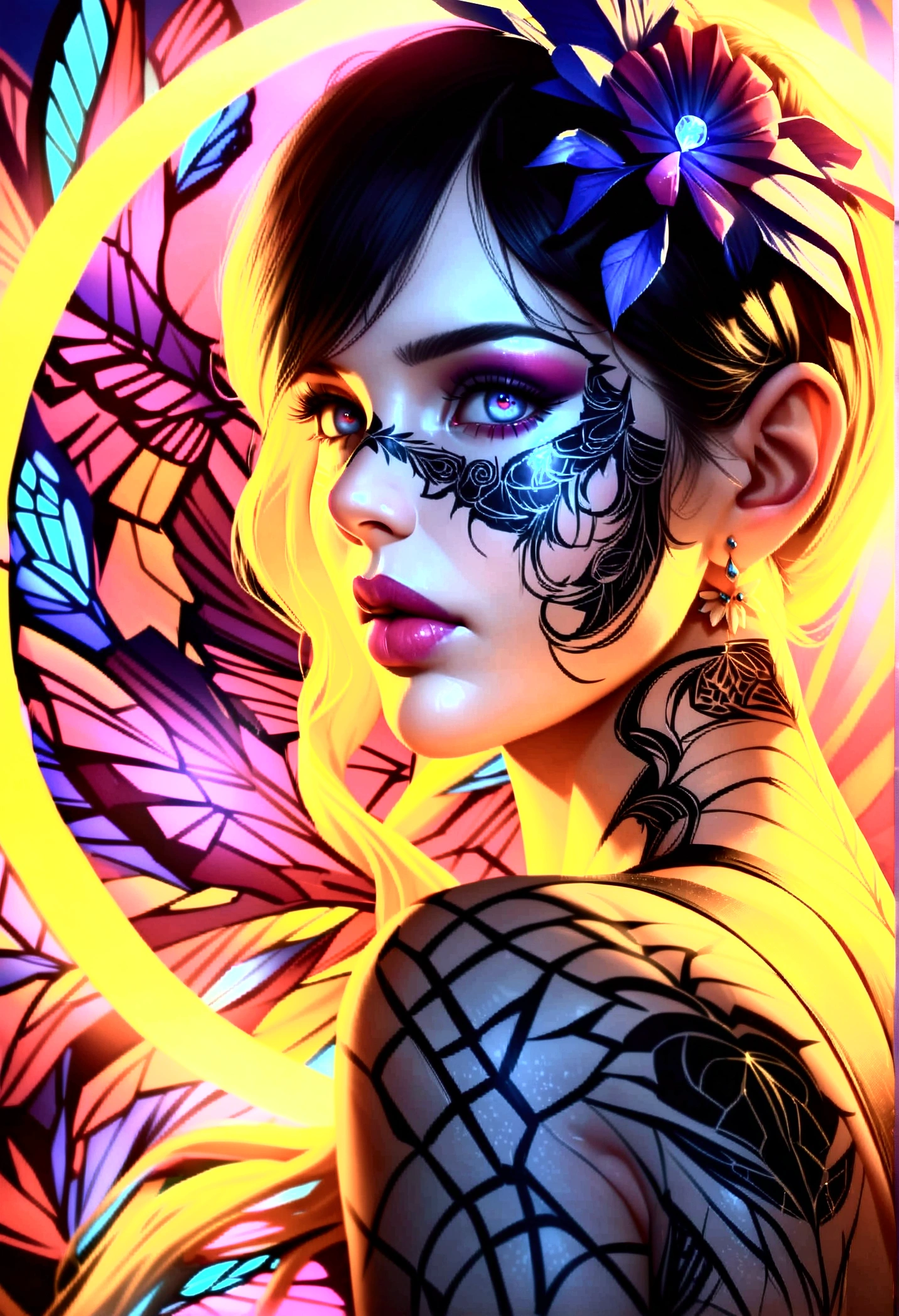 A princess,glowing tattoo,Complex geometry, Colorful blur, Evening dress,abstract backgrounds。shadows and highlights,subtle reflections,charming body,Black light art,fluorescent art,glow in the dark art,dark temptation,The beauty of tattoos,Neon lights,Enchanting fantasy。(best quality,4k,8k,highres,masterpiece:1.2),ultra-detailed,(realistic,photorealistic,photo-realistic:1.37), flying buterflies