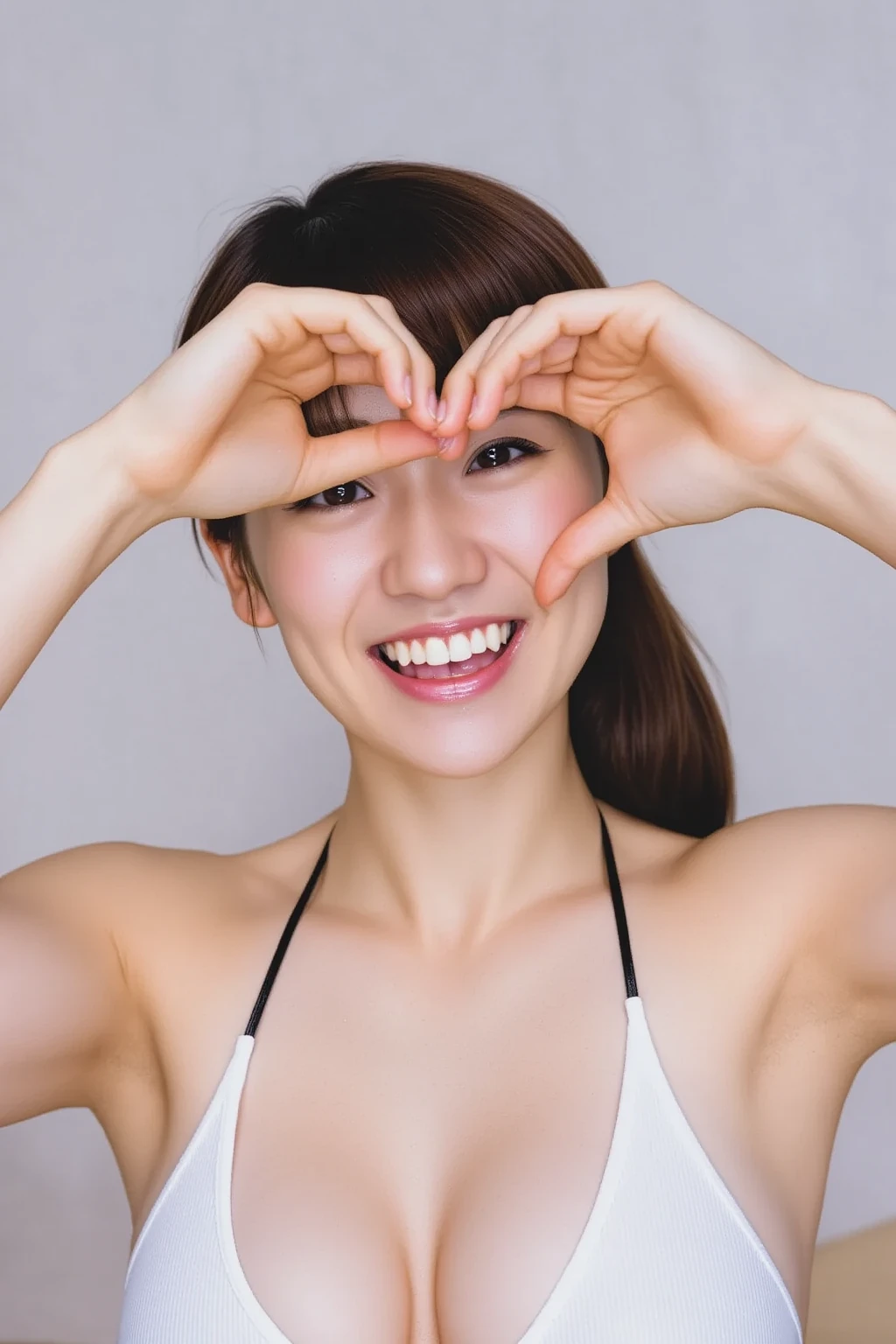 (((Make a heart shape with both hands and smile:5.0)))、 (RAW Photos、8k、32K、masterpiece、Realistic、  photoreal:1.37)、Cute Japanese women images、Tank tops、Photographed in natural light、  upper body、 1 girl、Photo Mapping、 Physically Based Rendering、Excellent image quality、  High Resolution  、1080P、(Beautiful Face)、(Detailed description of the face)、( Detailed description of the hand setter&#39;Muscle area)、(Detailed CG)、Rich details、( great features :1.35)、(Detailed eyes)、 I'm looking forward to your eyes、Delicate clavicle、Various poses、非常にリアルで詳細な若い女性の  upper bodyポートレート。The skin is beautiful、Soft light is reflected in the high part of the cheek.、 Tiny pores and hair follicles、 Even the tiniest blood vessels are visible。The skin is smooth、Natural flushing of the cheeks、Gives a healthy glow。 The eyes are large and clear blue、 The iris has fine patterning、 Light is reflecting and shining in the eye。 There is a slight shadow under the eye、 Her eyelashes are long and naturally curled。 Her lips are a soft pink color、 Smooth texture and natural glow、 Slightly reflects light。 The woman is wearing a simple white top.、 The background is a pale monochrome gradient.、焦点は完全に顔と  upper bodyに当たっている。Realistic shadows and textures、Photographic depiction.。