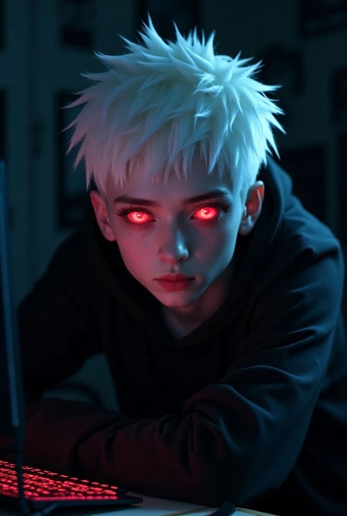 Short grey hair、Red Eyes、A fearless face、Black opaque clothing with leather hood、Wearing gloves、One caucasican boy、8 year