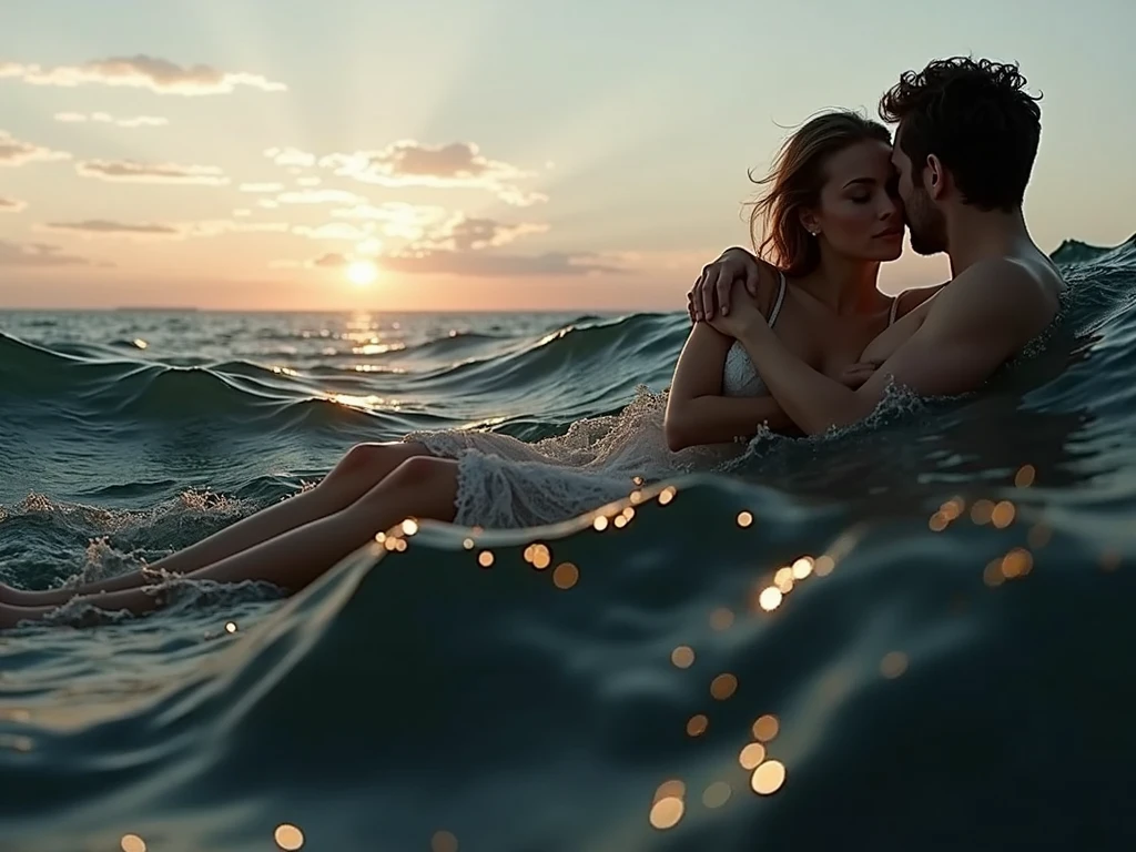 Romantic couple kissing in the wind,s e meninaelas brilhantes,efeitos de brilho,Heart-shaped bubbles,a noite,Em um navio de cruzeiro,The face is clear and precise,detalhe no rosto,super-fino,Beachside,16k resolution,alta qulidade,cinemac lighting,alto detalhe da imagem,dynamic viewing angle,pelos pubianos detalhados,epic shot,oc renderizado