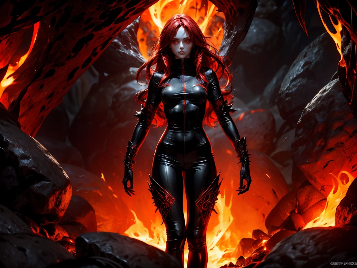 A demonic sorceress with long flowing red hair, wearing a tight black leather bodysuit with glowing runes. She stands provocatively in a fiery cavern, surrounded by molten lava and jagged rocks. Her eyes glow red as she casts dark magic.