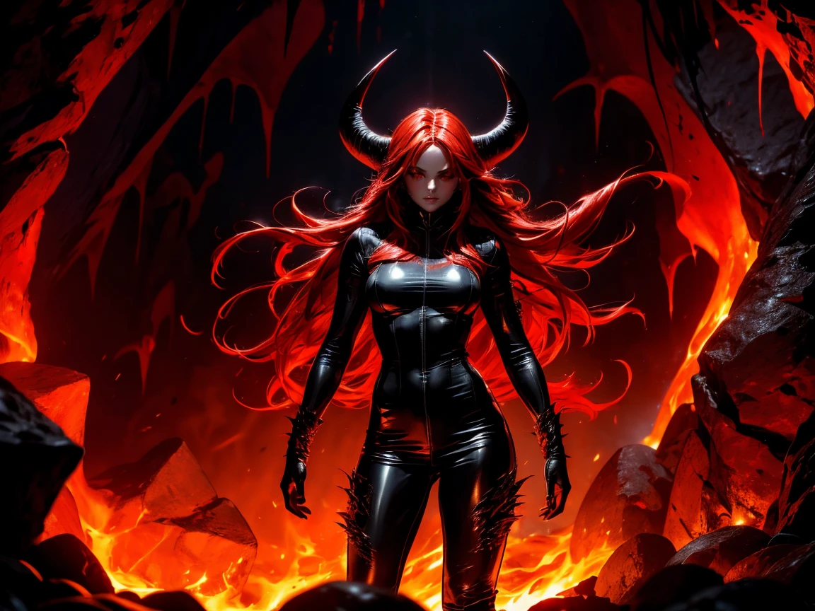 A demonic sorceress with long flowing red hair, wearing a tight black leather bodysuit with glowing runes. She stands provocatively in a fiery cavern, surrounded by molten lava and jagged rocks. Her eyes glow red as she casts dark magic.