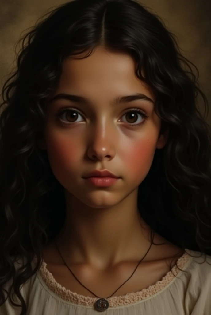 (Pixar style) A waist-high portrait of a Colombian girl with long hair, latina, natural skin texture, 4K textures, HDR, intricate, highly detailed, sharp focus, hyper-detailed, piercing brown eyes, shoulder length wavy hair, realistic, Dave McKean Style page, masterpiece, 4k