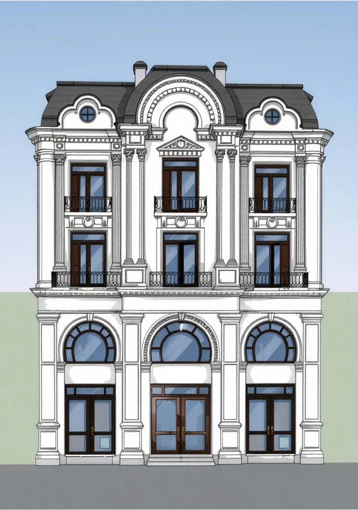 This image displays an architectural design of a classic-style building. It features ornate columns, arched windows, and decorative molding. The building has multiple floors with balconies and large windows, showcasing a symmetrical and elegant facade. The roof includes distinctive rounded elements, adding to the traditional aesthetic. (architectural design visualization), (chao vantage software visualization render),((reality environment),8k uhd, dslr, soft lighting, film grain, Fujifilm XT3, {Best Quality|Masterpiece|best illustration|Photorealism archdaily|award winning design|photorealistic|extreme detail|Stunning|photographic render|High-fidelity|vray render|Eye-catching|Sharp edge render},