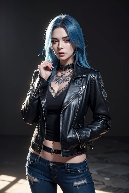 Full length  photograph depicting a modernised version of "Medusa", the iconic mythical goddess character known for the snakes that are place of her hair, 12 or more Electric blue snakes are in place of her hair, she is a 20 years old rock punk gothic, dressed in cool stylish clothes including black modern  jeans, rock band tshirt, black Doc Martin boots and an intricately detailed  Mosaic snake scale long Leather jacket, pale skin, smokey eye makeup, androgynous, Glossy blue Lipstick, looking at camera lens, Intricate Skin details, Beautiful  face, Bright blue Eyes, Hyperdetailed Painting By Ismail_Inceoglu Tom Bagshaw Dan Witz CGSociety ZBrush Central Fantasy Art 4K