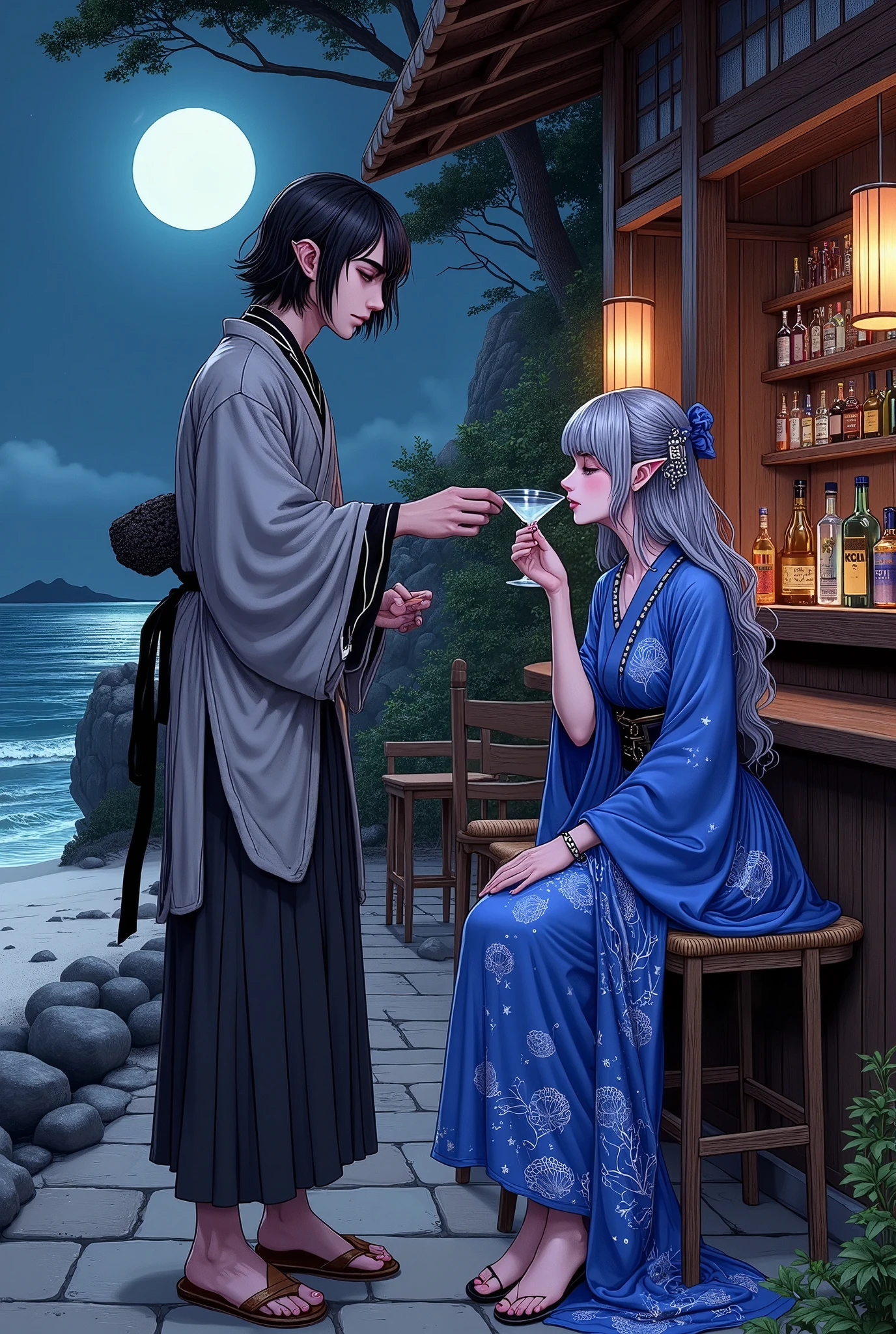 (Ultra-detailed face, Looking away, Fantasy Illustration with Gothic, Dark tone colors. Views overlooking the coast.), BREAK 
(This is an open-air lounge by the sea in an ancient medieval Japanese city. There is a simple bar, with a samurai-like dignity at the counter, wearing a gray kimono with a scroll shell design, a black, white and dark blue striped obi, and wooden geta (wooden clogs). The bartender is young and jet-black with an all-back hairdo. In the foreground, a sleepy-looking woman sits languidly on a wide, traditional Japanese wicker wicker seat, kissing a cocktail glass and throwing her legs up on the wicker seat.), BREAK 
(The dark elf woman wears a silver scorpion-shaped hair clip and a bib necklace with woven iridescent beads. She wears a bright blue kimono dress with a projection of a starry sky in the style of Lolita fashion with white lace trim. She wears black clogs with red naso (a pair of wooden clogs) woven with soft silver threads.), BREAK 
(A dark elf woman of young age with pure white hair and eyebrows, hair in a bun and a hairpin, small pink lips, dark purple skin, lavender eyes, and thick, dark eyeliner around her eyes.), BREAK 
(The salon is located on a white sandy beach, with furnishings designed in the style of a Japanese house and a view of a late summer night lit by a pale blue moon. The room is modestly lit, dimly lit with small Japanese paper lanterns, and has a moody atmosphere. The walls of the bar counter are lined with small but glittering bottles of fine liquor.)