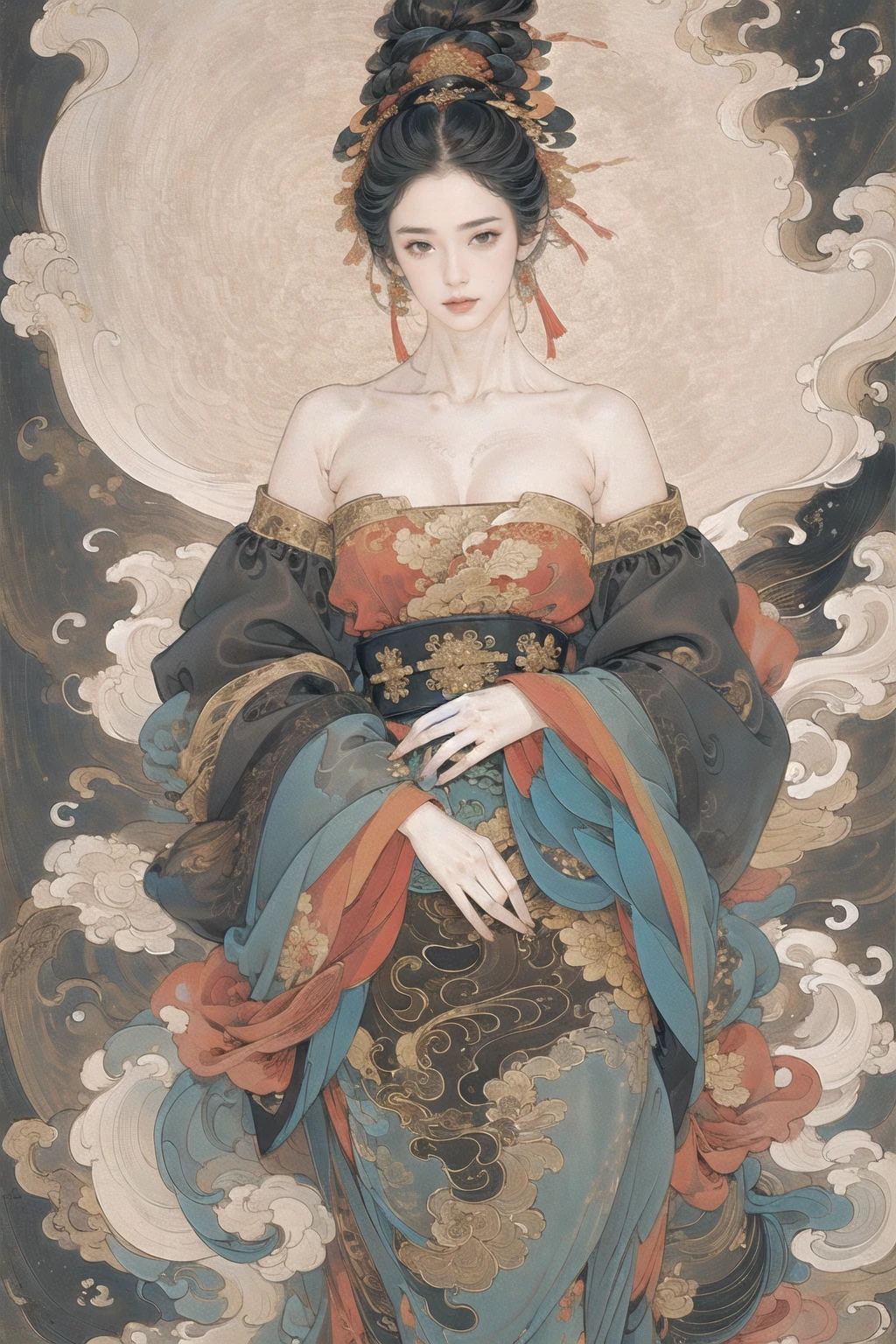 guofeng,Illustrated,black eyes,long hair,multiple colors,high definition,Rich in intricate details,8K,illustration,crazy colors,off shoulder, 1girl,chinese, exposed shoulders, exposed waist, exposed thighs, beautiful breasts, Expression of shame, feel afraid