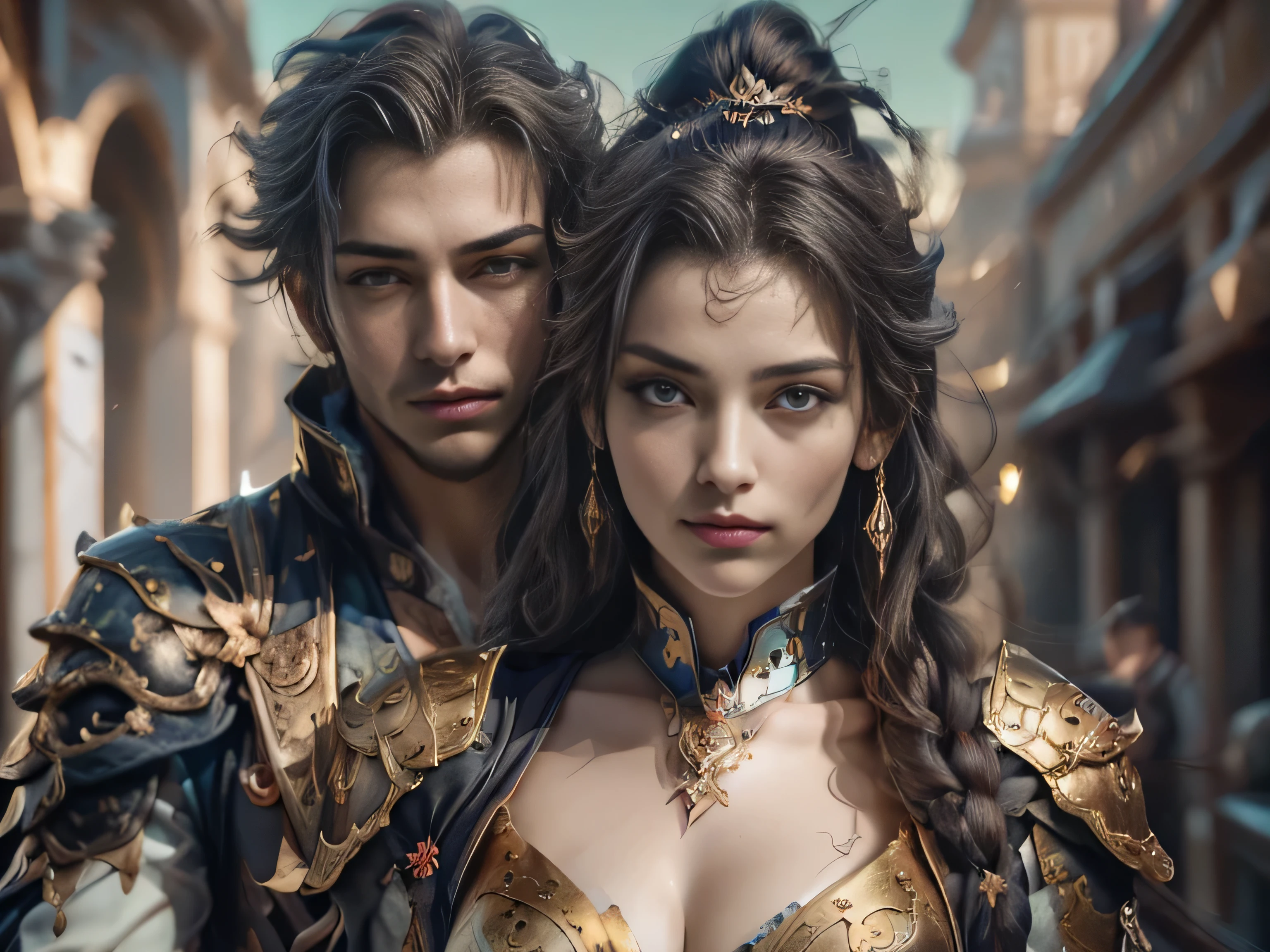 (Best Quality, Super Detail, Masterpiece, Representative Work, Official Art, Professional, Super Fine Detail, 8k:1.3), (Photorealism:1.2), (Couple, Beautiful Girl and Boy), Pirate beauty and handsome man Pirate, Handsome guy hugs beautiful girl from behind, Jolly Roger in the Sky, British Coat of Arms on the Body, Sawed-Off Shotguns, A Crowd of Thugs. They Are Not Afraid of Death, Nimble as Hell, And Stoned with a Plan, The Captain's Pride, Correct Proportions, Perfect Face, Perfect Eyes, Perfect Hands, Sweet Atmosphere, Photorealistic, Sharp Focus, Dreamy Atmosphere, Delicate Details, Soft Volumetric Light), (Backlight:1.3), (Cinematic:1.2), Intricate Details, (ArtStation:1.3)