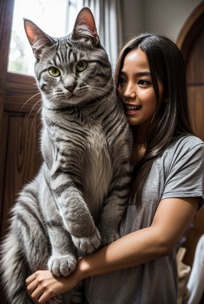 A gigantic gray and white tabico cat with enormous claws and fangs, large ears, facing ghosts and demons, protecting female owner 