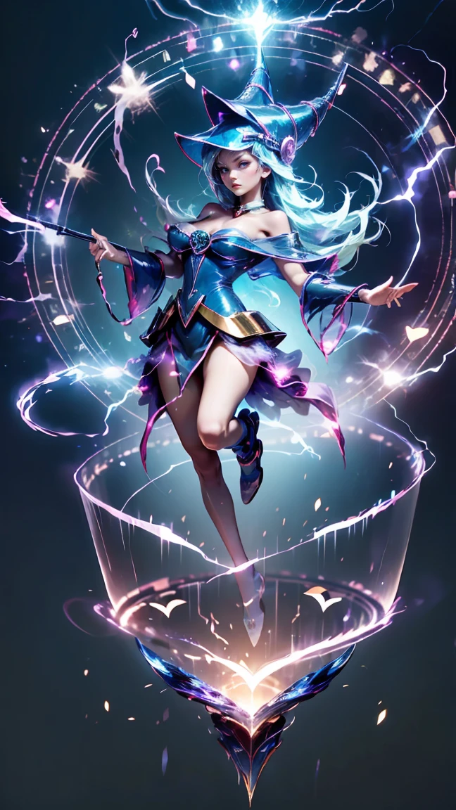 ( masterpiece :1.2), ( The best quality :1.2), Perfect lighting,  Dark Wizard Girl casting a spell,  Floating in the air , big breasts, neckline, magic background. Transparent hearts in the environment, blue robe, large hat, from above, Flashes, Yugioh Card in the background