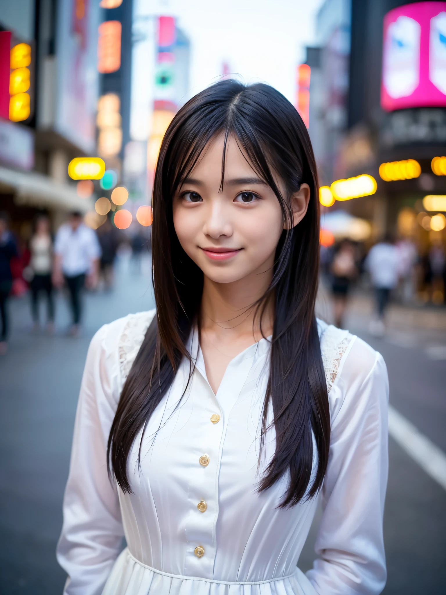 (Best-quality, Masterpiece, Ultra-High-Resolution, (Photorealistic:1.4), Raw Photo, depth of field, professional lighting, perfect anatomy, extremely details), (at famous tourist spot in TOKYO), face-focus, (1girl, 15-years-old, the most famous Japanese idol), ((((extremely beautiful and extremely realistic skins)))), ((extremely cute face like the most popular Japanese idol)), (((extremely cute and extremely big black-eyes))), (extremely beautiful black-long-straight-hair), (extremely beautiful long-eyelashes), (extremely beautiful glossy-lips), ((innocent smile, looking back))