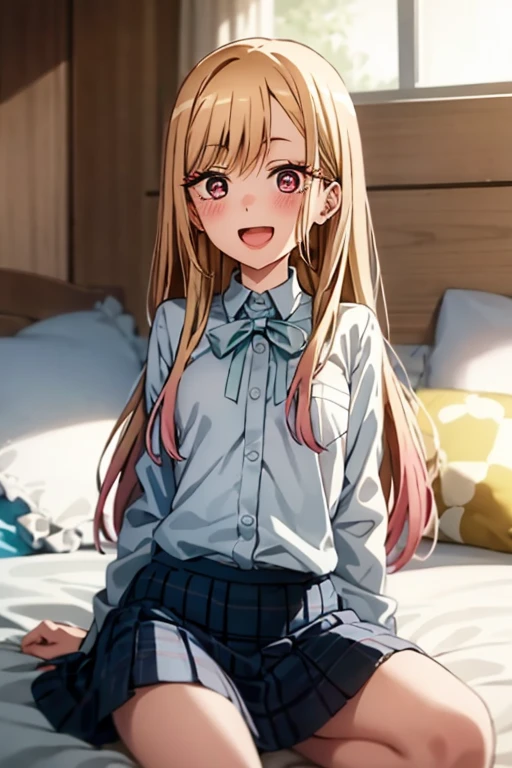 ((Best Quality)), ((masterpiece)), (be familiar with),  perfect face, indoor, bedroom,  modern uniform of a ,
One woman, Kitagawa Marin,
Open Mouth, Ecstatic expression, blush, smile,
Small breasts,  flat chest, , , , Girl,
Long Hair, Long Hair,
Leg spread,